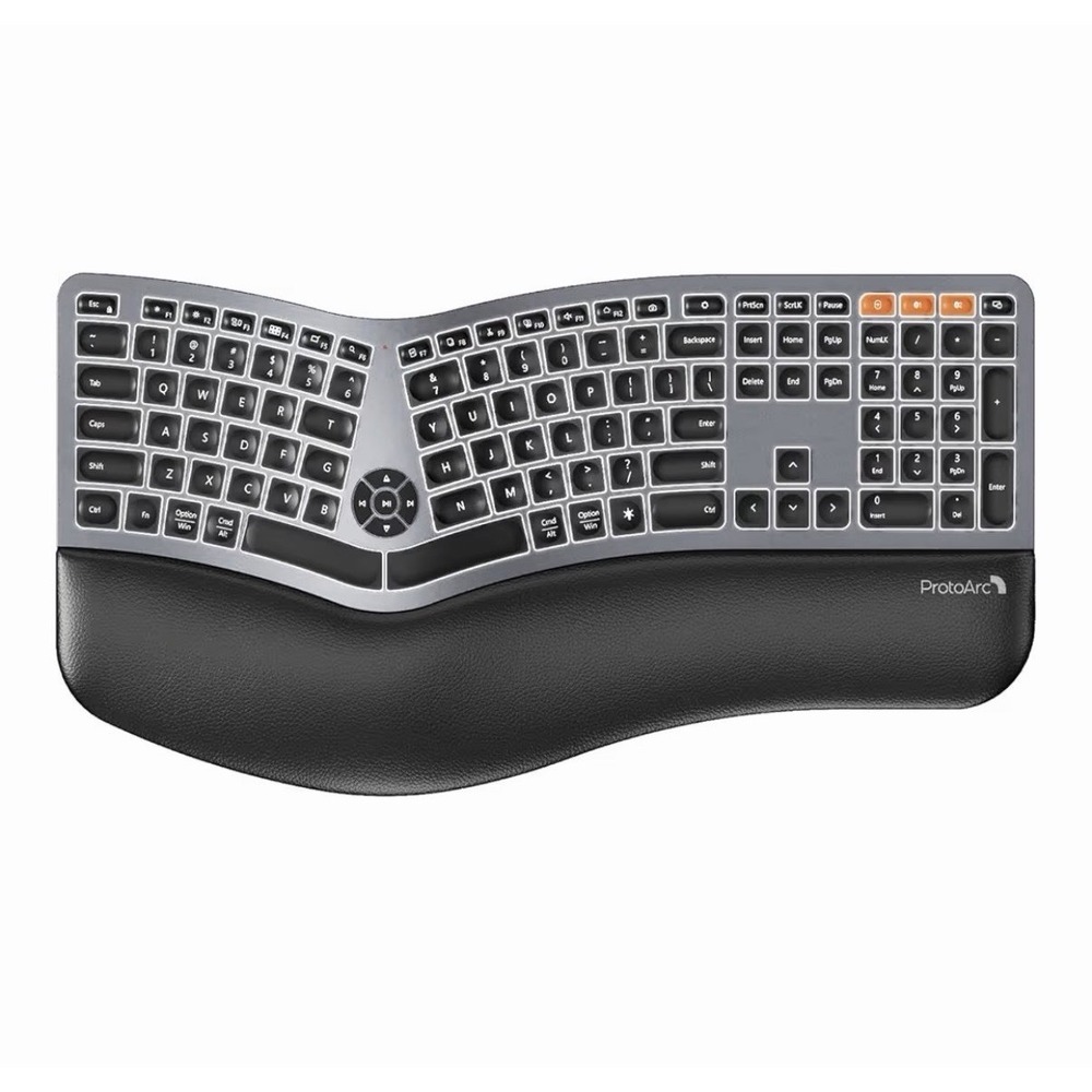ProtoArc Backlit Wireless Ergonomic Keyboard EK01 Plus Wrist Rest Rechargeable